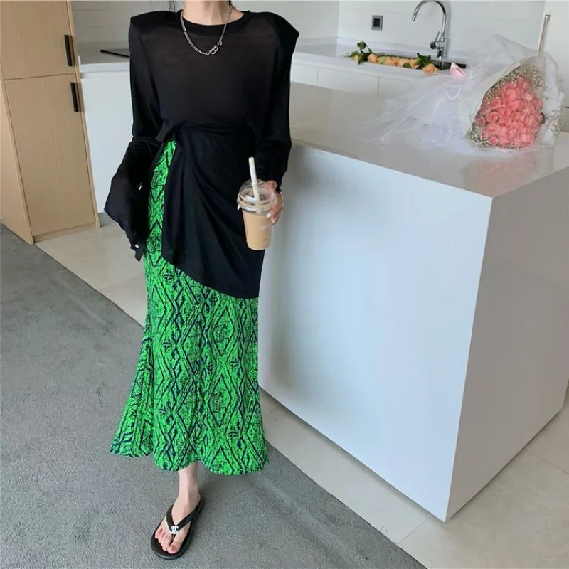 Net Yarn Split Hem Long Sleeve Solid Color T Shirts Summer New High Waist Printing A-line Skirt Trend Vintage Women Clothing