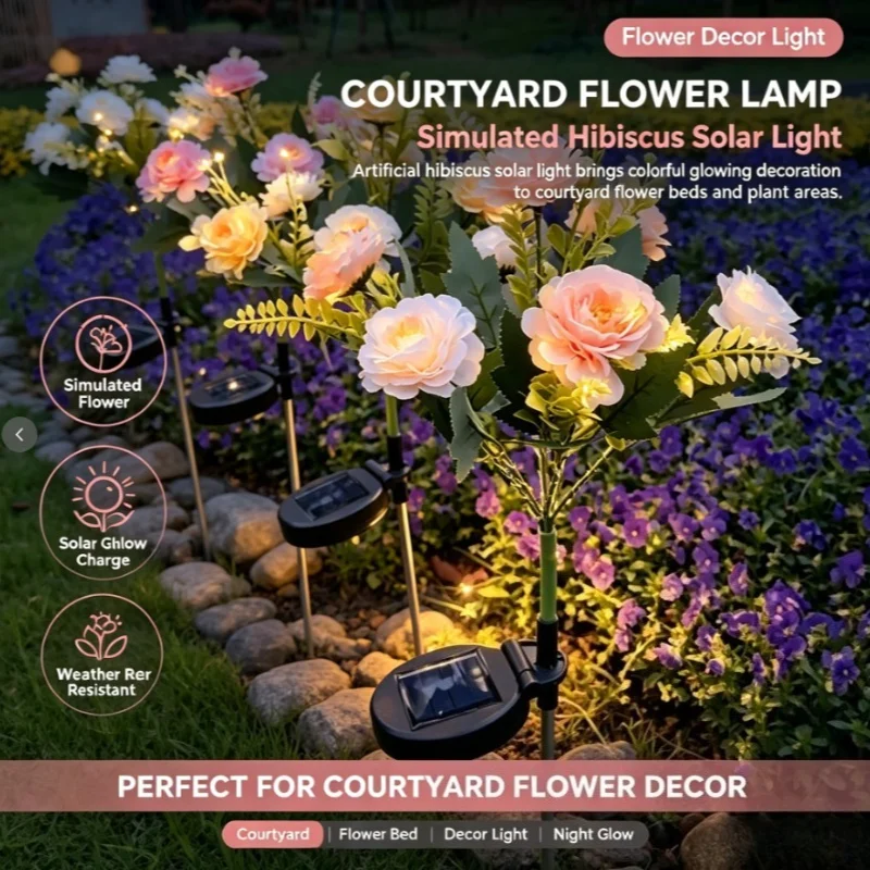 Solar Floral Garden Stake, Layered Hibiscus Blooms and Leafy Stems for Outdoor Party Displays