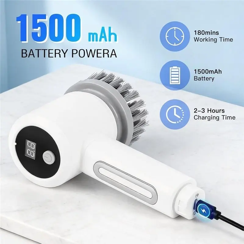A63M-Electric Brush For Cleaning, Wireless Brush For Household With 5 Brushes For Bathroom, Tiled Floors Kitchen Head