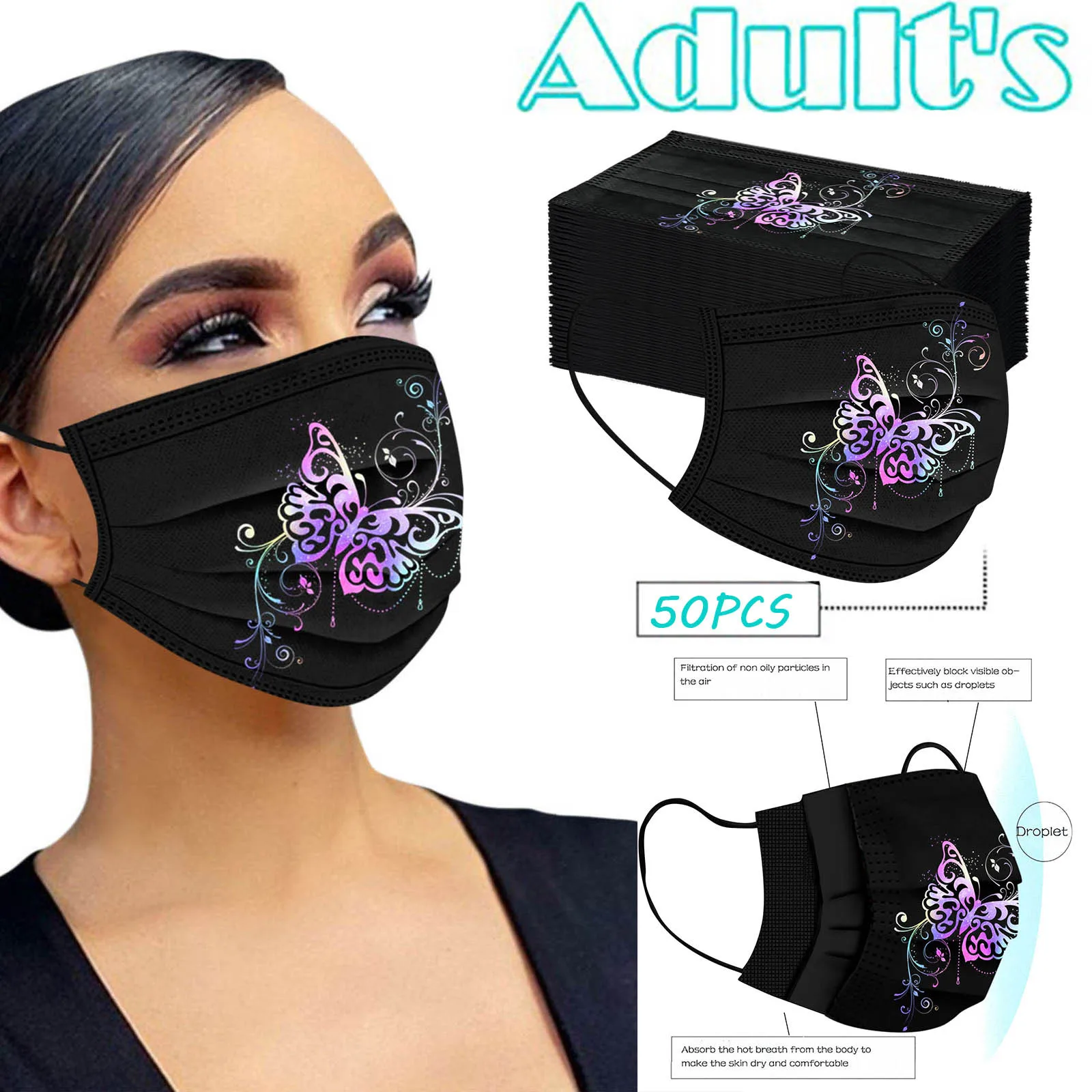 Adults Butterfl Mask Protection 50pcs Black Printed Face Covering Fashion Breathable Accessory Pack Breathable Accessory 2026 T1