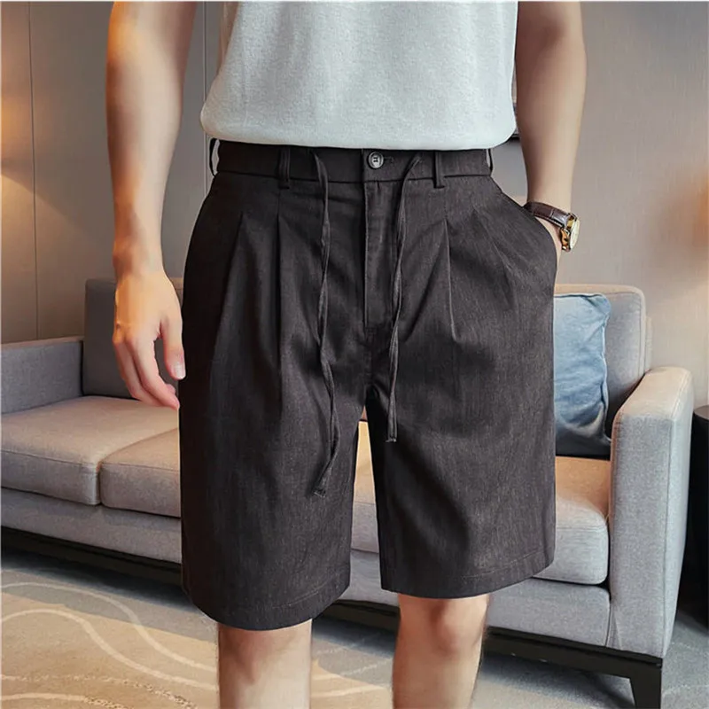 High Quality Summer Men's Casual Shorts Solid Color Linen Breathable Knee Length Trousers Men Straight Drawstring Fashion Shorts