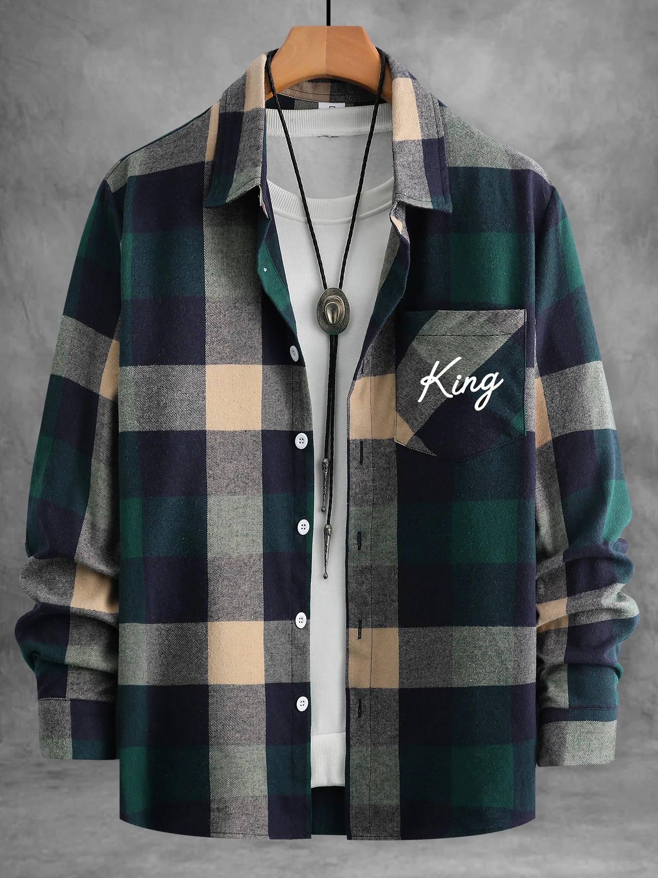 Men's Plaid Long-Sleeve Shirt, Vintage Color-Blocked Plaid Jacket, Pocket Letter Print, Casual Loose Top, Everyday Streetwear Item