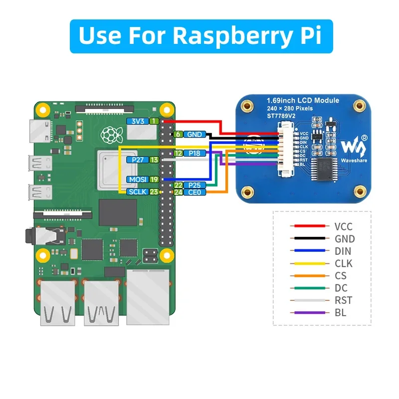 Módulo de exibição LCD para arduino, tela IPS, interface 240 × 280 SPI, cores 262K, ESP32, framboesa pi 4B, 3B, zero, ST7789V2, 1,69"