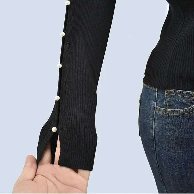 Cseta de punto de manga larga con cuello redondo, ajustada, con bordado pesado, hombros descubiertos y perlas, para mujer,...