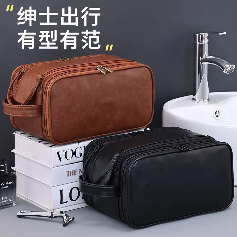 Large Capacity Toiletry Bag Multifunctional PU Leather Travel Cosmetic Pouch Portable Waterproof Shower Organizer with Handle