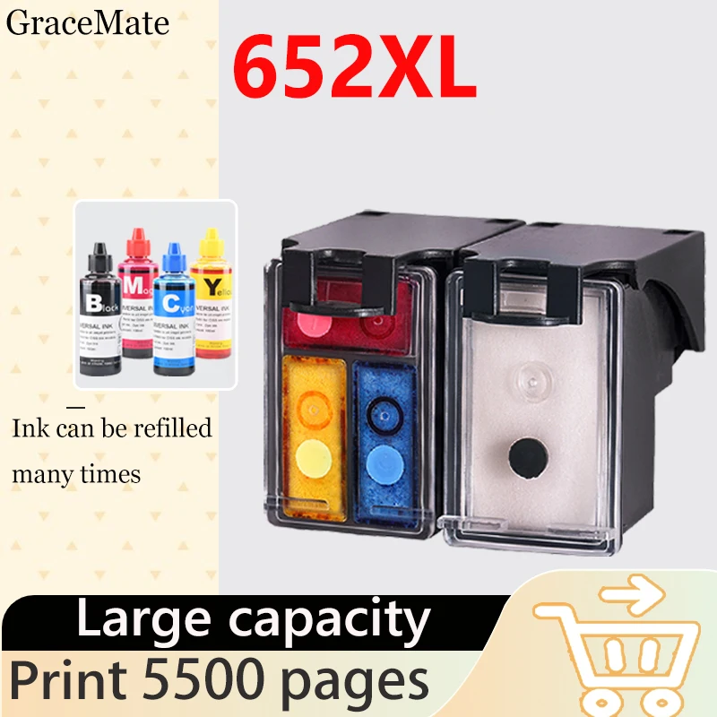 

GraceMate 652XL Refillable Ink Cartridge Compatible for HP 652 hp652 for HP Deskjet Ink Advantage 5078 5085 5088 5275 5276 5278