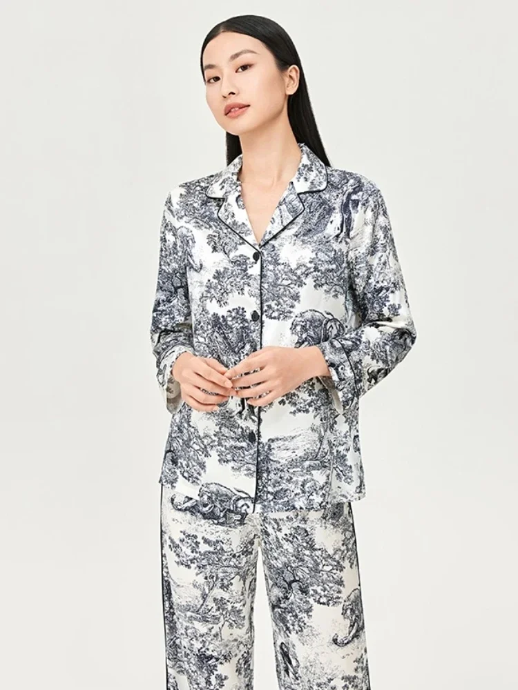 22MM 100% Mulberry Silk Women Print Pajama Set Long Sleeve Lapel Button Up Tops Elastic Waist Trousers Sleepwear Lounge Sets PJS