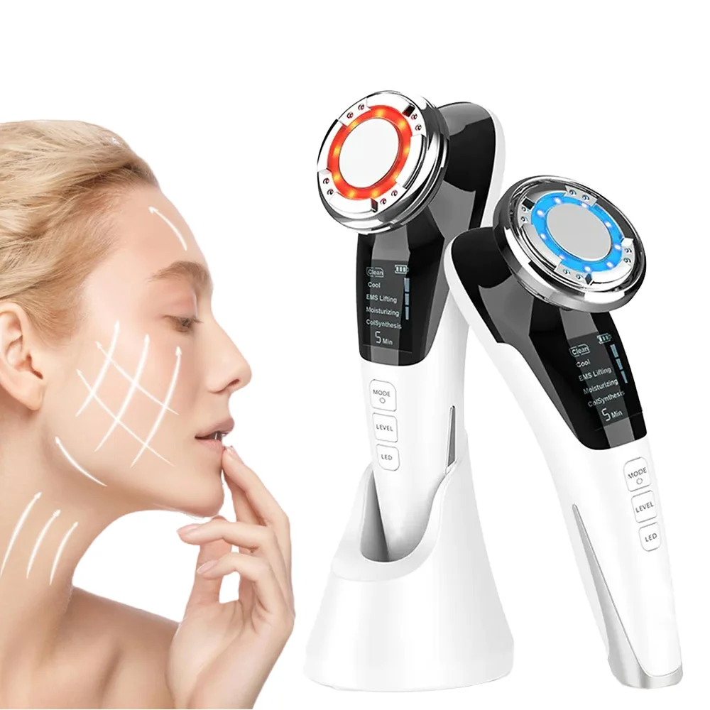 Appareil de beauté du visage à microcourant avec Massage chaud et frais, lumière rouge et bleue, Machine de serrage de la peau du visage et du cou, outil de nettoyage en profondeur des pores