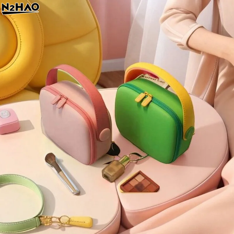 1Pc Waterproof PU Handle Cosmetic Bag Travel Portable Storage Bag Large Capacity Toiletry Bag Portable Square Zipper Makeup Case