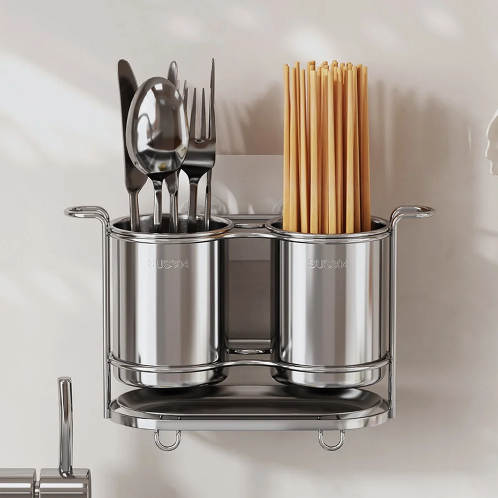 Double Compartment Chopstick Holder Made of 304 Stainless Steel Wall Mountable and Countertop Ready 23.6cm Long