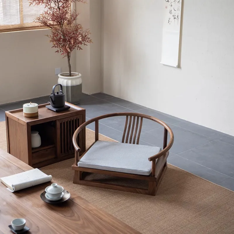 Old Elm Wood Meditation Armchair, Solid Wood Low Round Back Chair, Cross-Legged Sitting Stool for Zen Masters