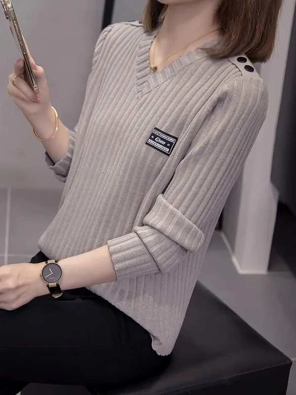 

Женский простой вязаный свитер больших размеров с v-образным вырезом, свободный утягивающий осенне-зимний новый трикотажный топ для женщин