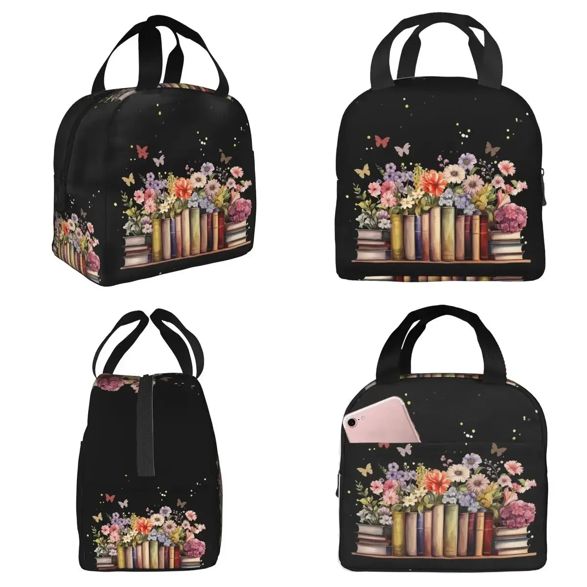 Floral Bookshelf Book And Flower Insulated Lunch Bag for Kids School Cooler Thermal Food Box Tote Portable Lunch Boxes Container
