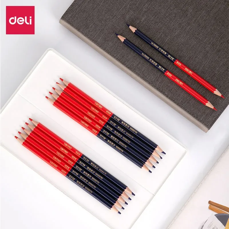 Deli Pensil Merah Biru HB Pena Warna Ganda untuk Anak-anak Dewasa Desain Gambar Teknik Industri Menandai Alat Tulis Pensil Kayu