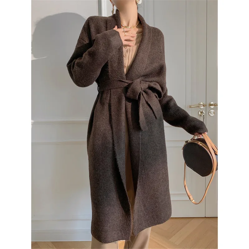 

Женские кардиганы, свитера, пальто, куртки средней длины, джемперы Y2k, уличная одежда, элегантный вязаный отложной воротник, открытая камня, осень-зима