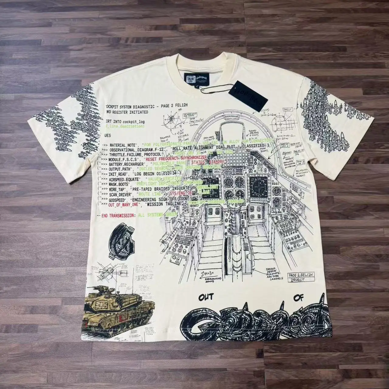 Godspeed American Retro Mechanical Print T-Shirt Loose Fit Cotton Short Sleeve round Neck High Street Style Youthful Trend