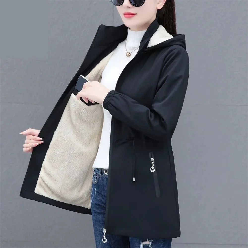 Autumn Winter Women Windbreaker 2024 New Velvet Warm Mid Long Hooded Trench Coat Korean Female Tops Women Jacket Slim Outwear