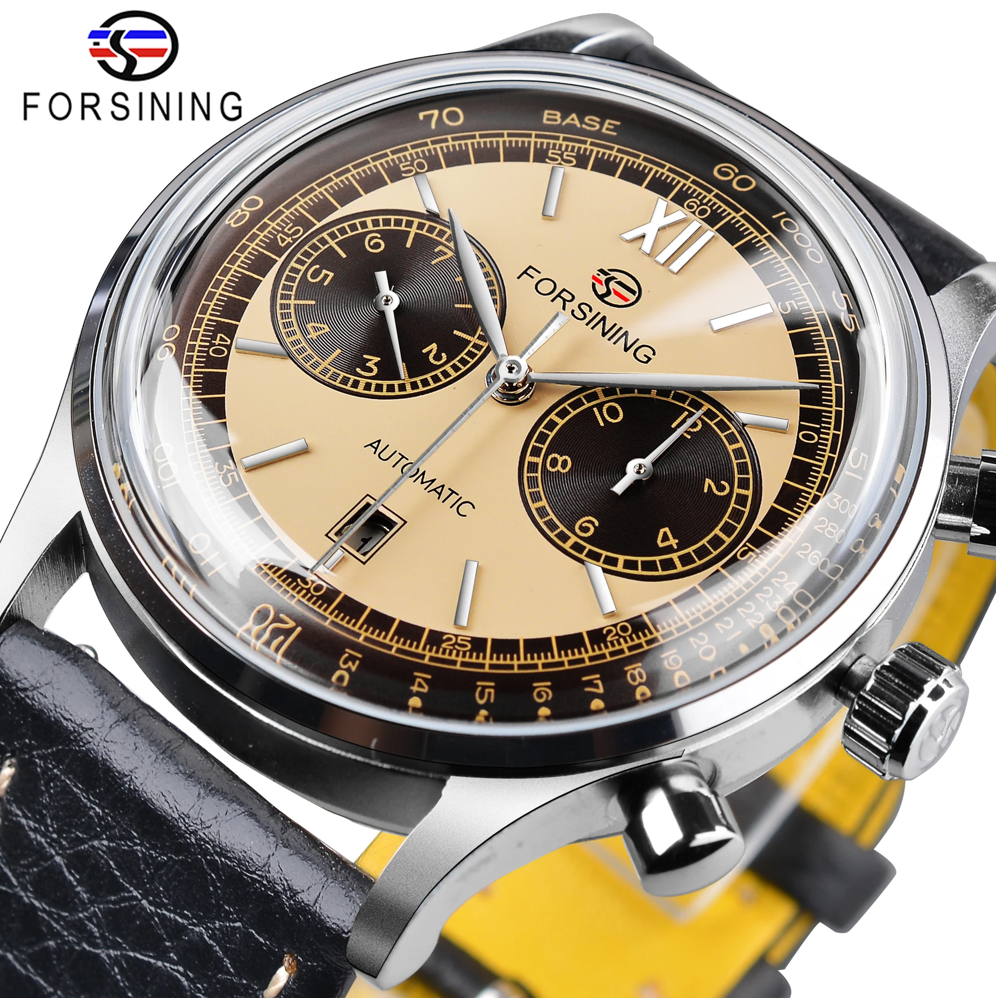 Forsining 2022 clássico retro côncavo calendário de vidro dois dial display moda shanghai movimento masculino relógios mecânicos automáticos