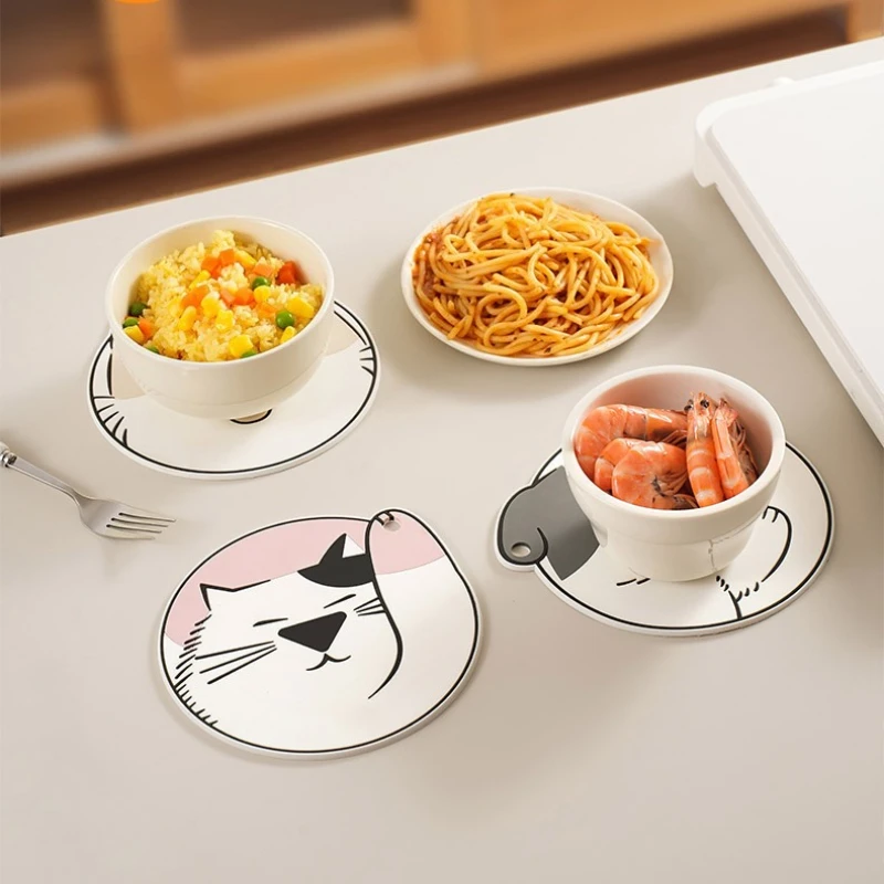 Soft Rubber Coaster Cartoon Cute Cat Dog Tableware Mat Round Dining Table Insulation High Temperature Resistant Table Mat