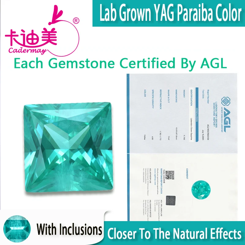Princess Cut Bluish Green Paraiba Color Lab Grown Yttrium Aluminum Garnet With Inclusions Gemstone For Jewelry Making