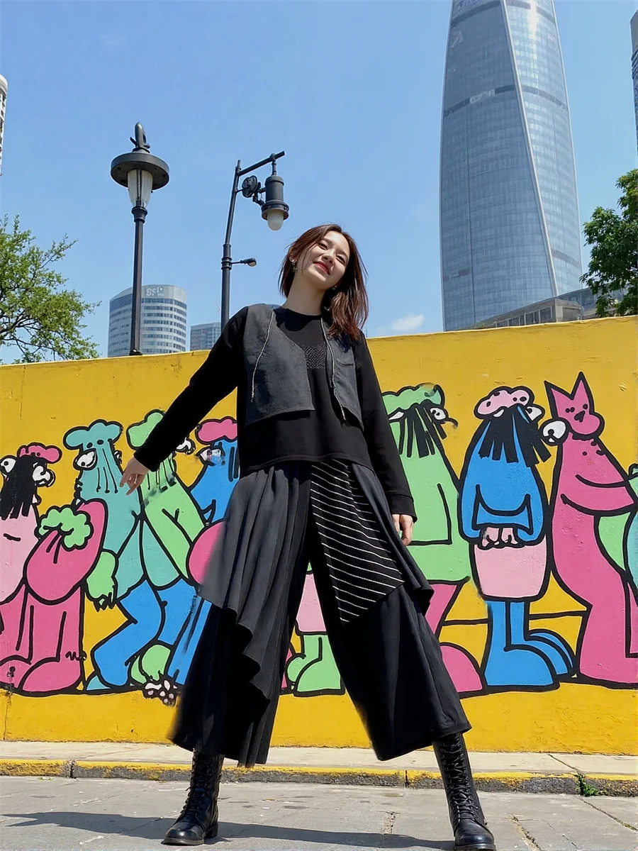 سراويل نسائية كاجوال بجيوب سوداء مرقعة موضة نسائية متباينة الألوان تصميم كتلة ملابس الشارع العصرية فضفاضة عالية الخصر مستقيمة #6