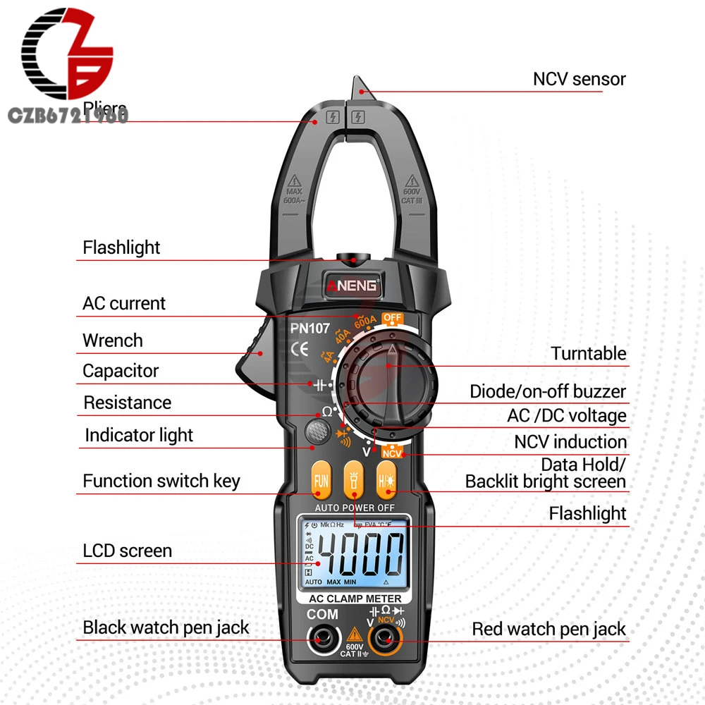 ANENG PN107 4000 Count Digital Multimeter Clamp Meter DC AC Current Tester Voltmeter Ammeter NCV Diode Professional Repai Tools