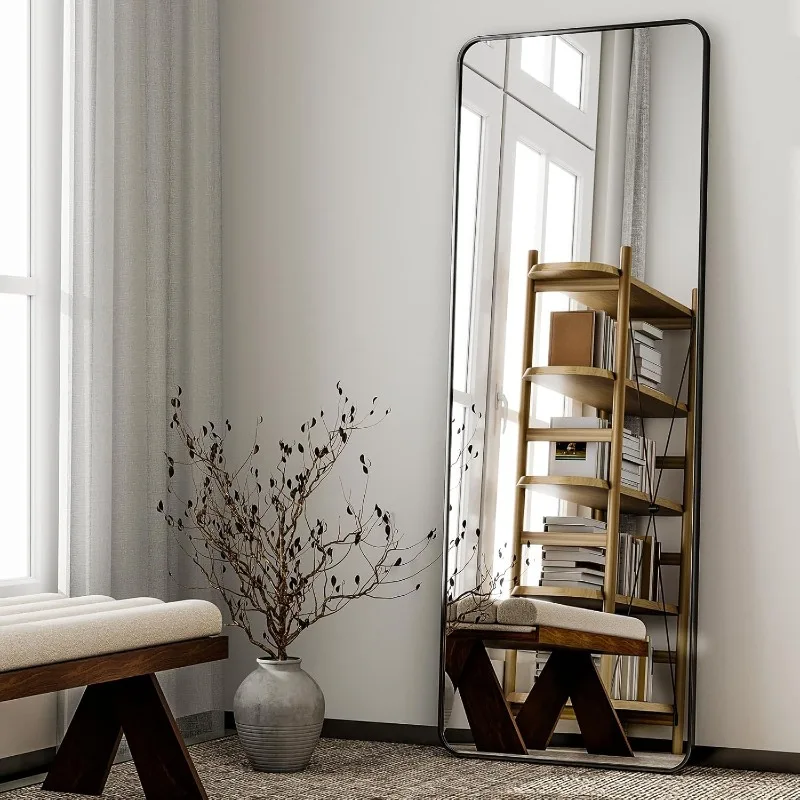 

56" x 21" Rounded Full Length Mirror Aluminum Frame Black Mirror Full Length Floor Mirror with Stand for Living Room Bedroom