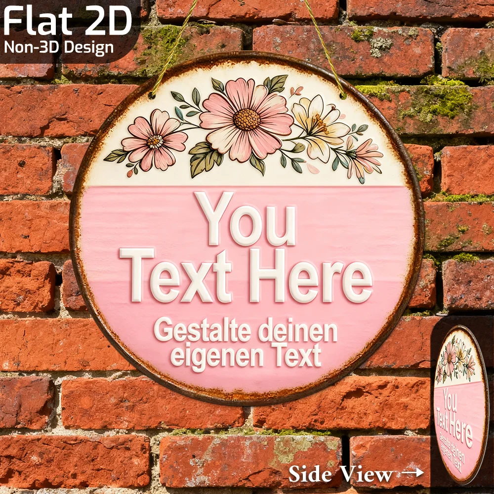 Customizable, Floral You Text Here Metal Sign, Floral-Themed Customizable Circular Plate with Pink Accent, Home Decor or Garden