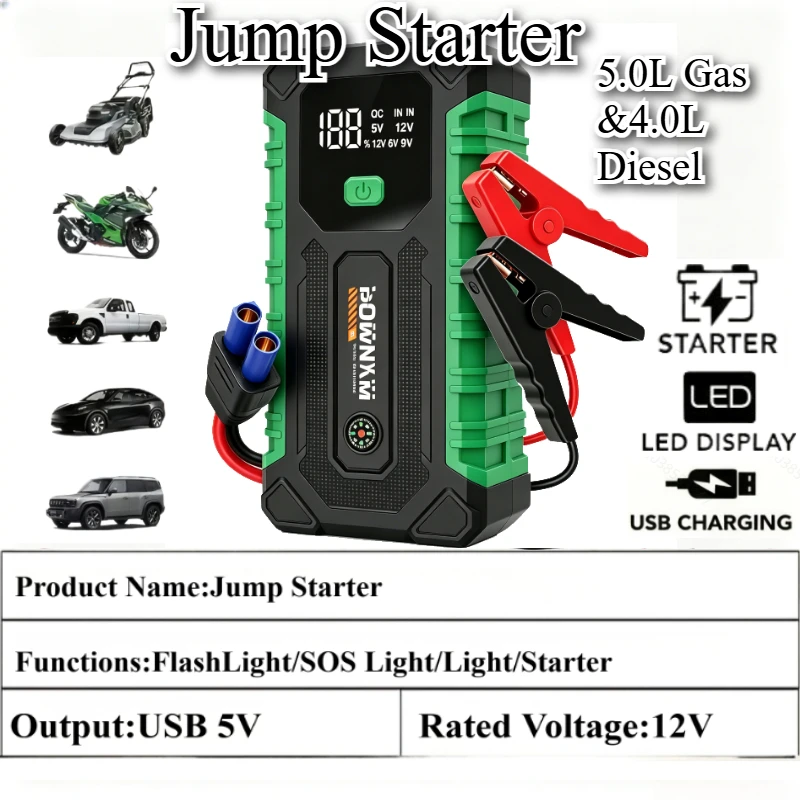 Car Jump Starter, 12V Auto Battery Booster,Portable Power Bank with Dual USB Ports, LED Emergency Light, Multi-Layer Safety Prot