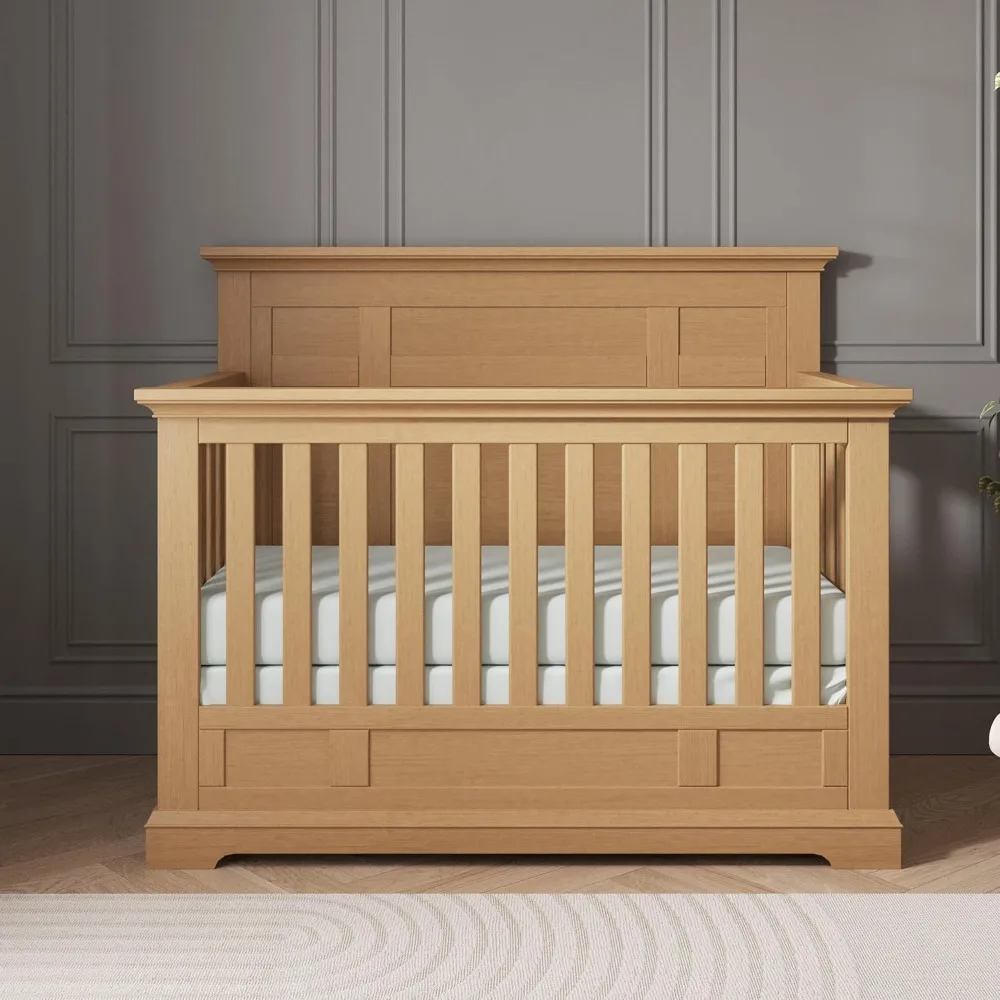 Das umwandelbare 4-in-1-Kinderbett Jordyn mit vollem Panel, das Babybett umwandelt sich in Tagesbett, das Kleinkindbett und das Bett in voller Größe