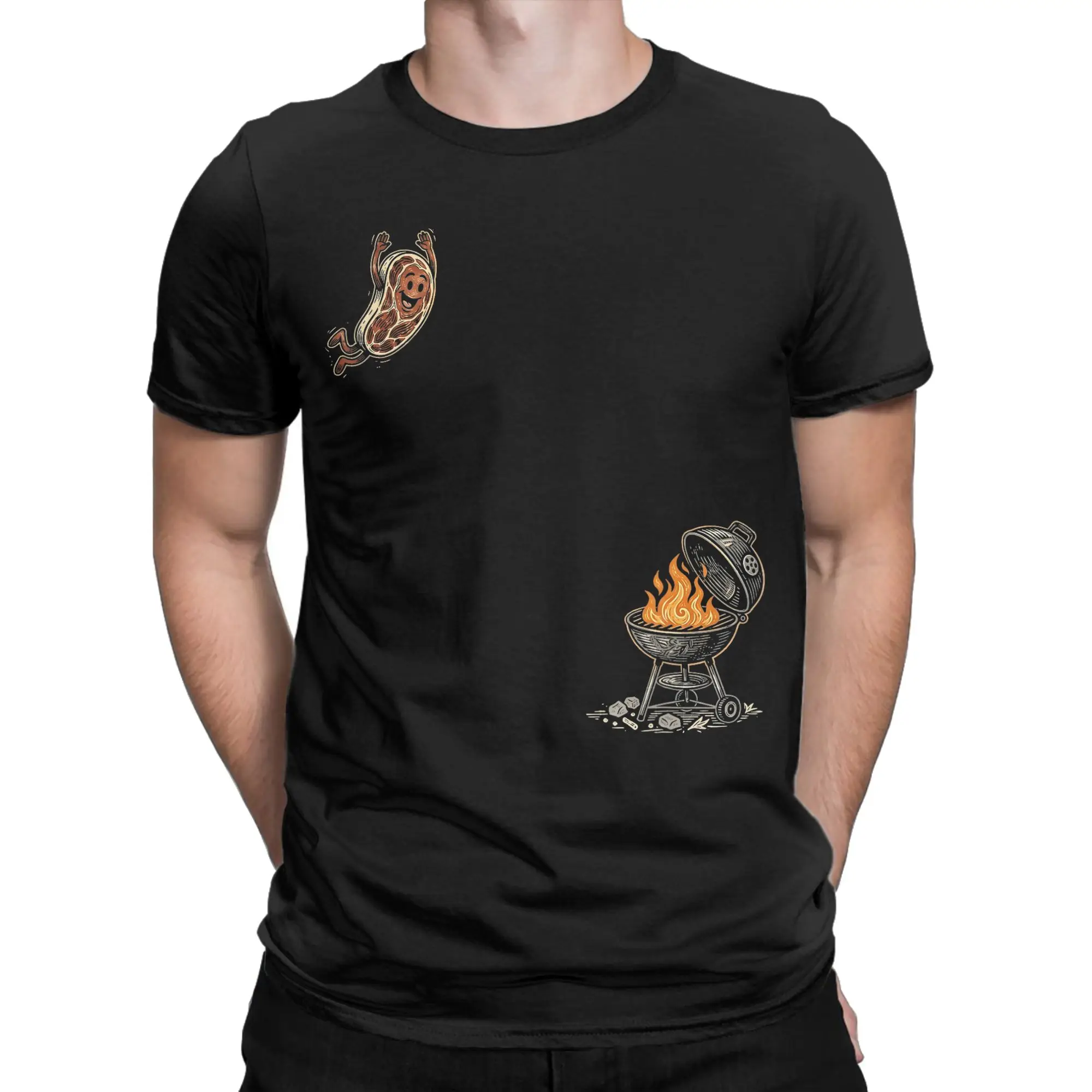 BBQ Steak Meme Cute Meat Jumping Into Grill Men's T Shirt  Vintage Tee Shirt Short Sleeve Crewneck T-Shirts 100% Cotton Clothes