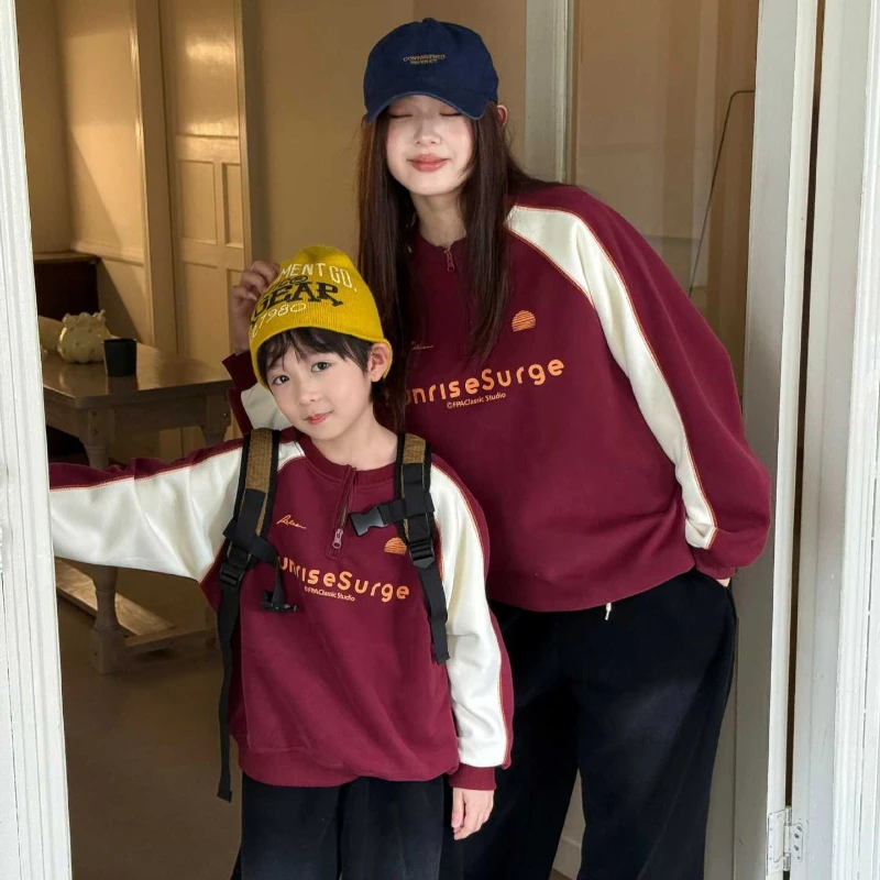 Family Matching Outfits Color Block Raglan Sleeve Half Zip Sweatshirt Autumn Mom Dad Son Daughter Parent Child Pullover Tops