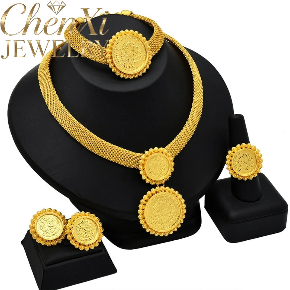 High-End Luxury Elegant Alluvial Gold Fashion Popular Jewelry Set Women Wedding Party Banquet Necklace Earrings Ring 4pcs Gift