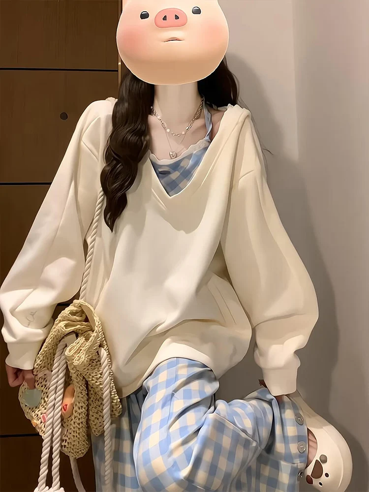 Sweat à capuche à carreaux américain pour femmes, doux et Cool, surdimensionné, paresseux, ample, vêtements d'extérieur, v-ne Long, Version coréenne, printemps automne
