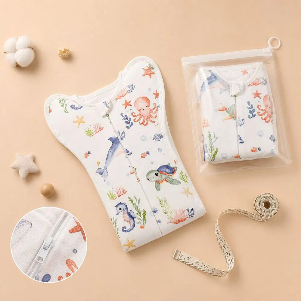 Cotton Swaddle Blanket Anti Startle Zipper Closure Newborn Sleep Sack Arms Up Shape Printed Pattern Swaddle Sleeping Bag