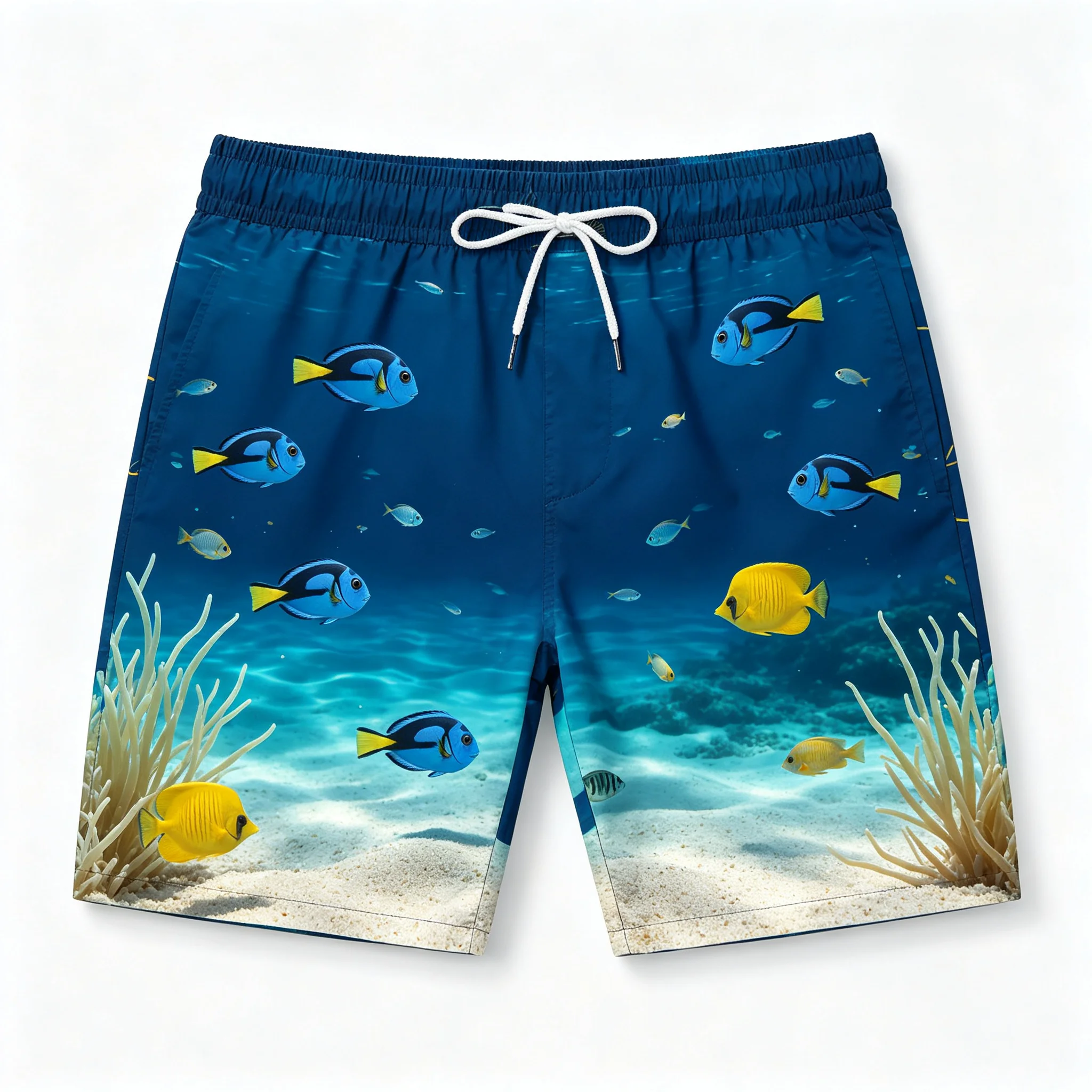 Men's Ocean Fish Coral Print Swim Shorts Quick Dry Elastic Waist With Pocket Beach Surf Swimming Casual Trunks