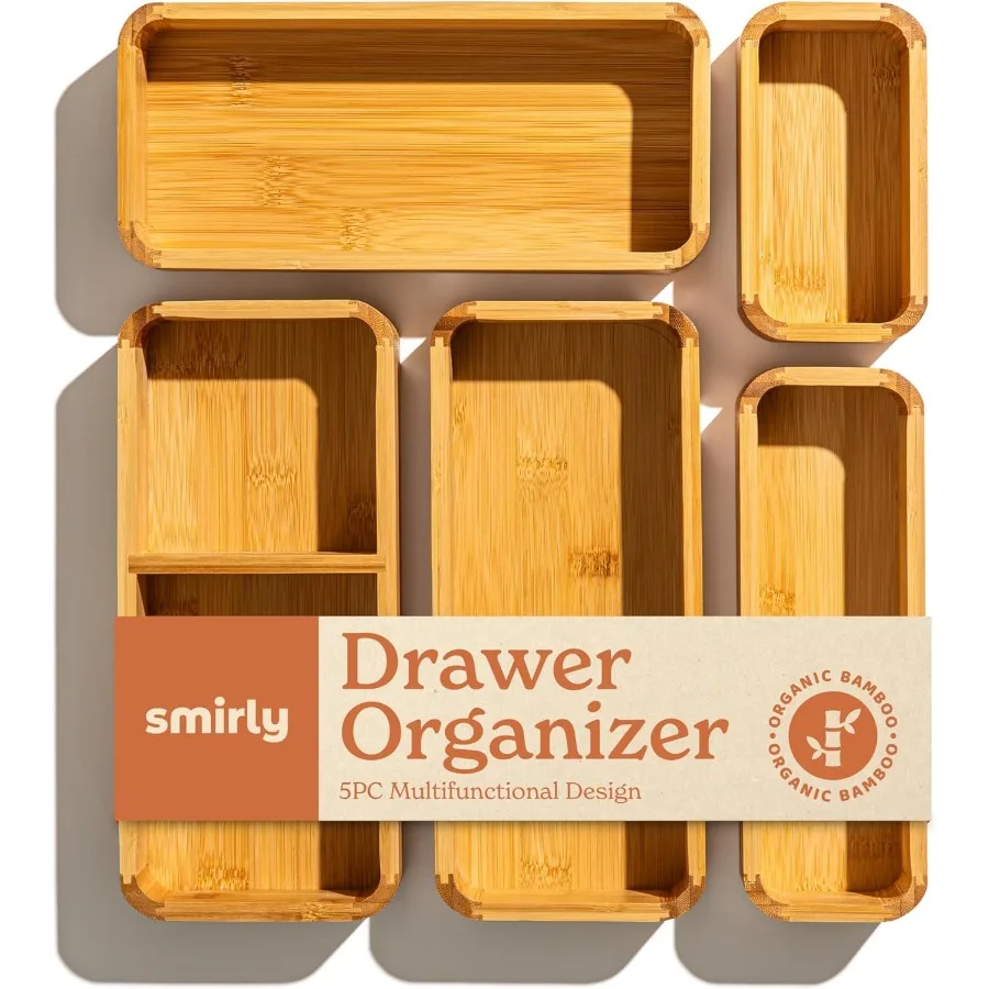 

5Piece Bamboo Kitchen Drawer Organizer Set for Large and Small Utensils Multiuse Storage Box Bathroom Nightstand Jewelry Cutler