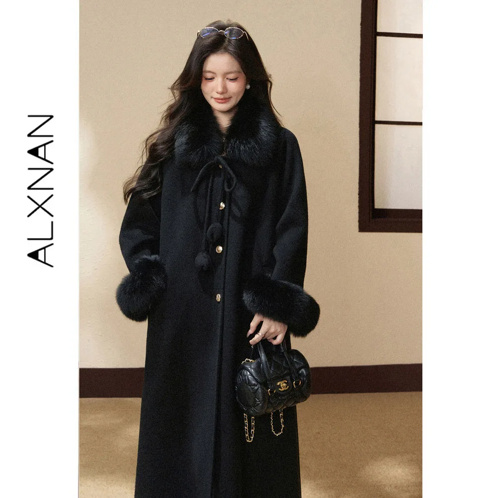 ALXNAN 100% Merino Wool Coat Single Breasted Black Long Wool Coat 2026 Warm Fashion Women's Autumn Winter Overcoat L68305