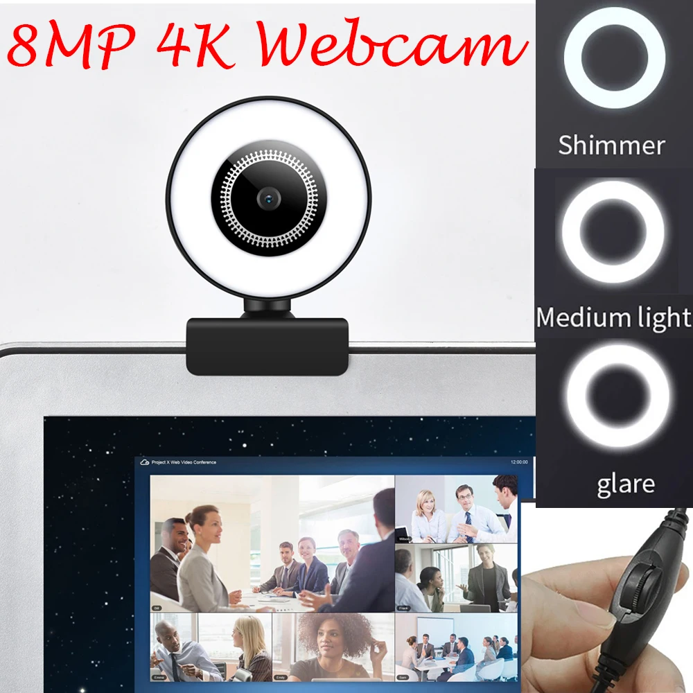 4K 8MP HD Webcam Three Light Sources Manual Brightness Adjust Ultra Clear Home Online Meeting Support Bracket Mount Stable Video