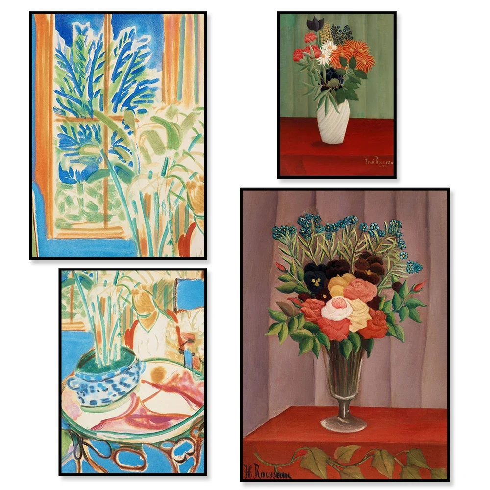 Henri Matisse stained windows, Collioure poster, Henri Rousseau vase painting bouquet with Chinese asters and Tokyo jungle art