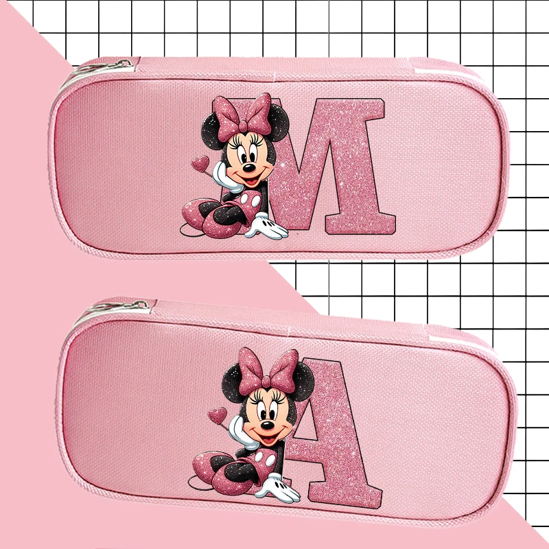 Estuches de lápices de Mickey Mouse de Disney, bolsas de bolígrafos de Minnie de Anime, caja de papelería con letras impresas, bolsa de lápices, suministros escolares de moda para niños, nuevo