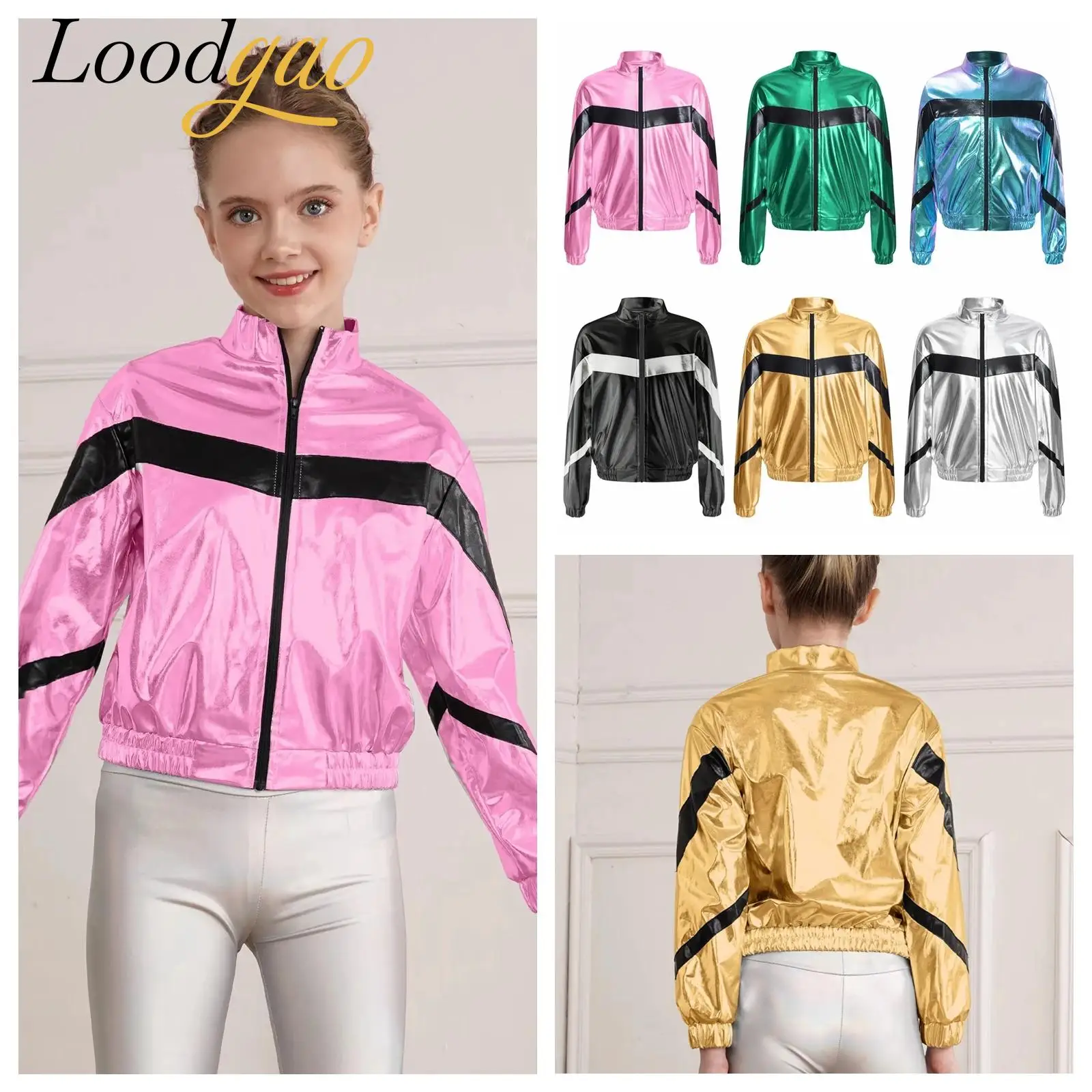 

Fashion Jazz Hip-hop Coat Street Dance Costume Girls Bomber Jacket Shiny Metallic Baseball Jacket Disco Party Clubwear Outerwear