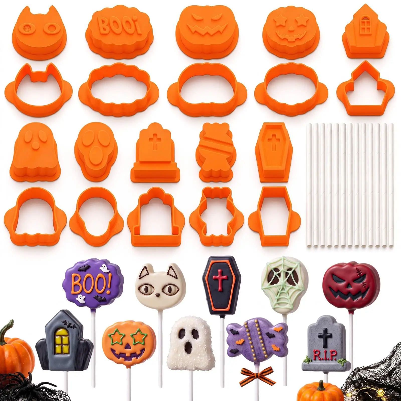 10Pcs Halloween Cake Pop Molds Set with 100 Sticks Large Cutter Pusher 10 Shapes DIY Baking Tool Kit for Party Festive Treats