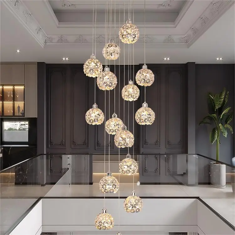 

Light luxury rotating crystal petal aluminum staircase light, duplex villa long chandelier