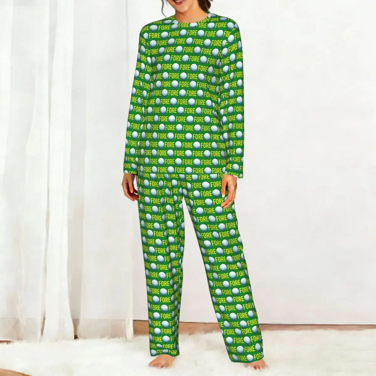 Golf Ball Hexagons Pattern Round Neck Long Sleeves Nightdress for Sleeping Sleepshirts Women Loose Pajama Set Long Pants