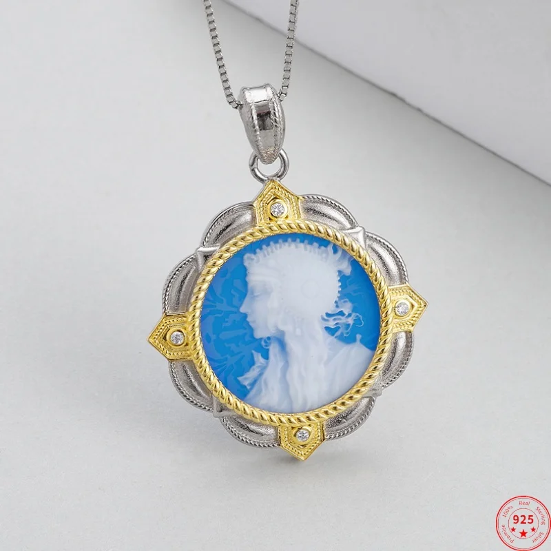 S925 Sterling Silver Charms Pendants for Women Contrast Colored Pattern Inlaid Blue Agate Emboss Goddess Jewelry Wholesale