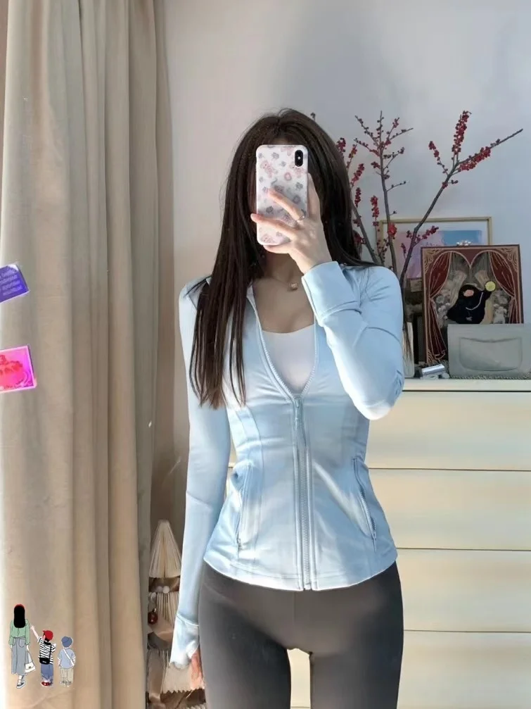 

New 47 Colors Women's Slim Fit Spor Jaet Fitn Yoga Spring Autumn Breathable Nylon Long Sve Zipper Hooded Coat