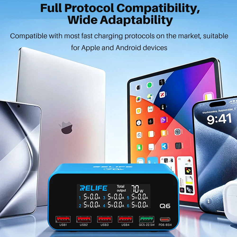 RELIFE Q6 70W Six-port Simultaneous Fast Charging high-power Output Laptop Phone Watch For iPhone Android 100V 240V Wide Voltage