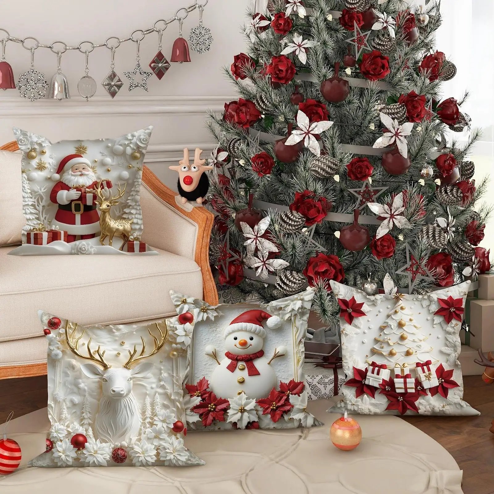 Christmas Decorative Pillow Covers 4 Pieces 18x18inch Festive Machine-Washable Decor Holiday Pillow Covers For Friends Home