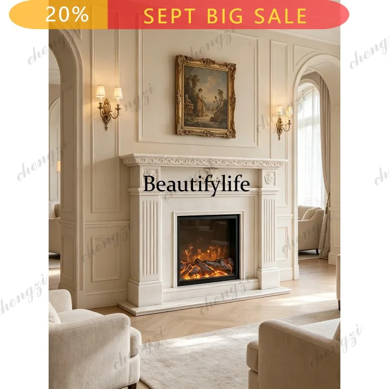 B178 Marble fireplace white European classical stone carving flower fireplace living room fireplace decoration
